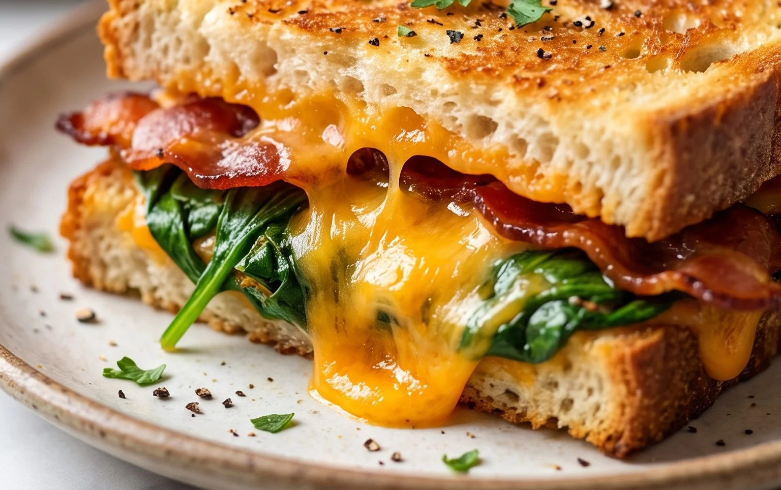 Turkey Melt with Cheddar, Spinach, and Beef Bacon